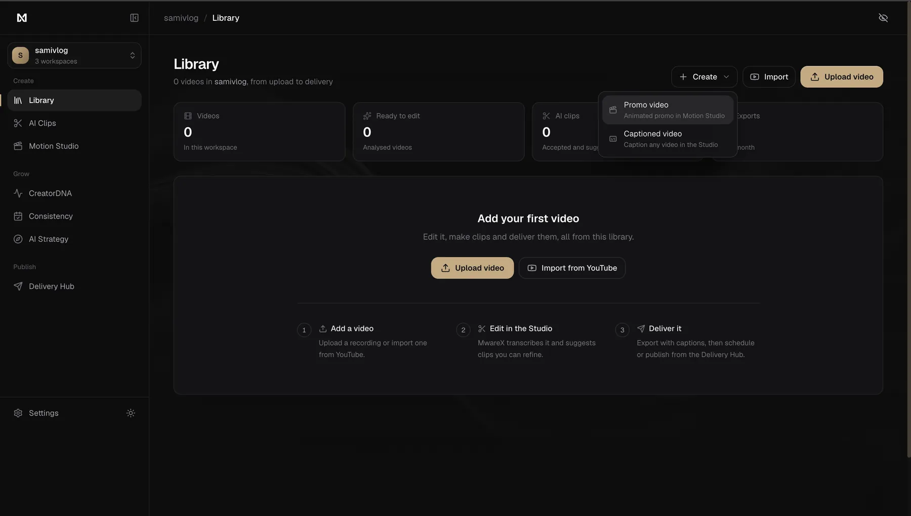 MwareX Library with the Create menu open